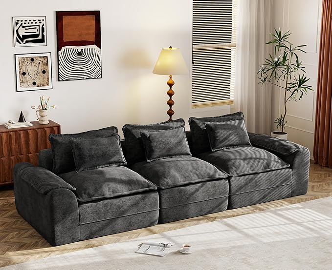 Hobestluk 120" Cloud Sectional Couch 3-Seater Sofa with Deep Seat Modular Sofa with Removable Cover Large Sofa Couch for Living Room (Dark Grey, 3-Seater Sofa)
