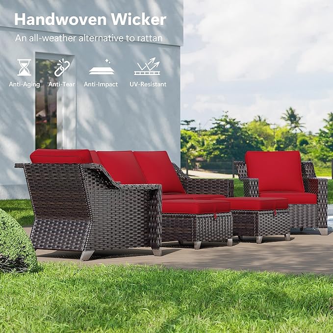 5 Pieces Wicker Patio Furniture, Luxury Outdoor Conversation Sets with 2 Patio Rattan Chair, 3-Seater Sofa, 2 Patio Ottoman, Wide Armrest, Thickened Cushions, Ideal for Deck, Porch Use