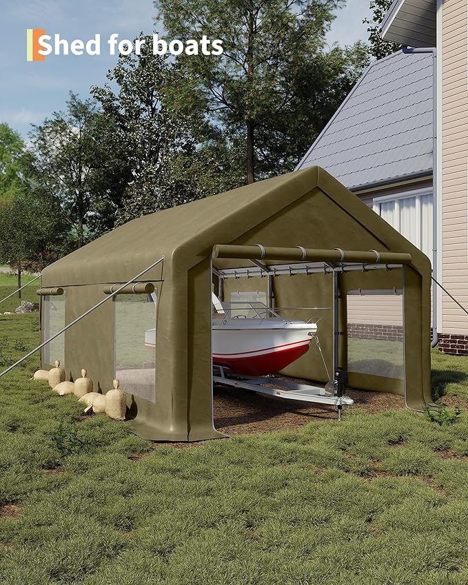 12X20 Ft Carport, Portable Carport with 4 Roll-Up Windows,Doors,Car Port with 200g PE Tarp for Car Boat Truck Motorcycle, Waterproof & UV Protected, Anti-Snow Portable Garage Kit Tent