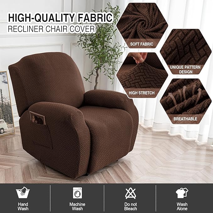 Genina Recliner Chair Covers, Stretch Reclining Chair Cover, Recliner Sofa Slipcovers Stripe Jacquard Lazy Couch Covers Furniture Protector Covers for Pet Kid (Chocolate, 1 Seat)