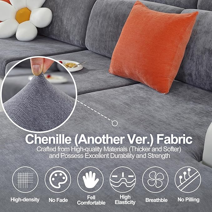 Couch Cushion Covers for L Shaped Sectional Sofa – Softer Chenille Sofa Covers Washable, Non-Slip Stretch Couch Covers & Individual Seat Cushion Slipcovers (3 Piece, Dark Grey)