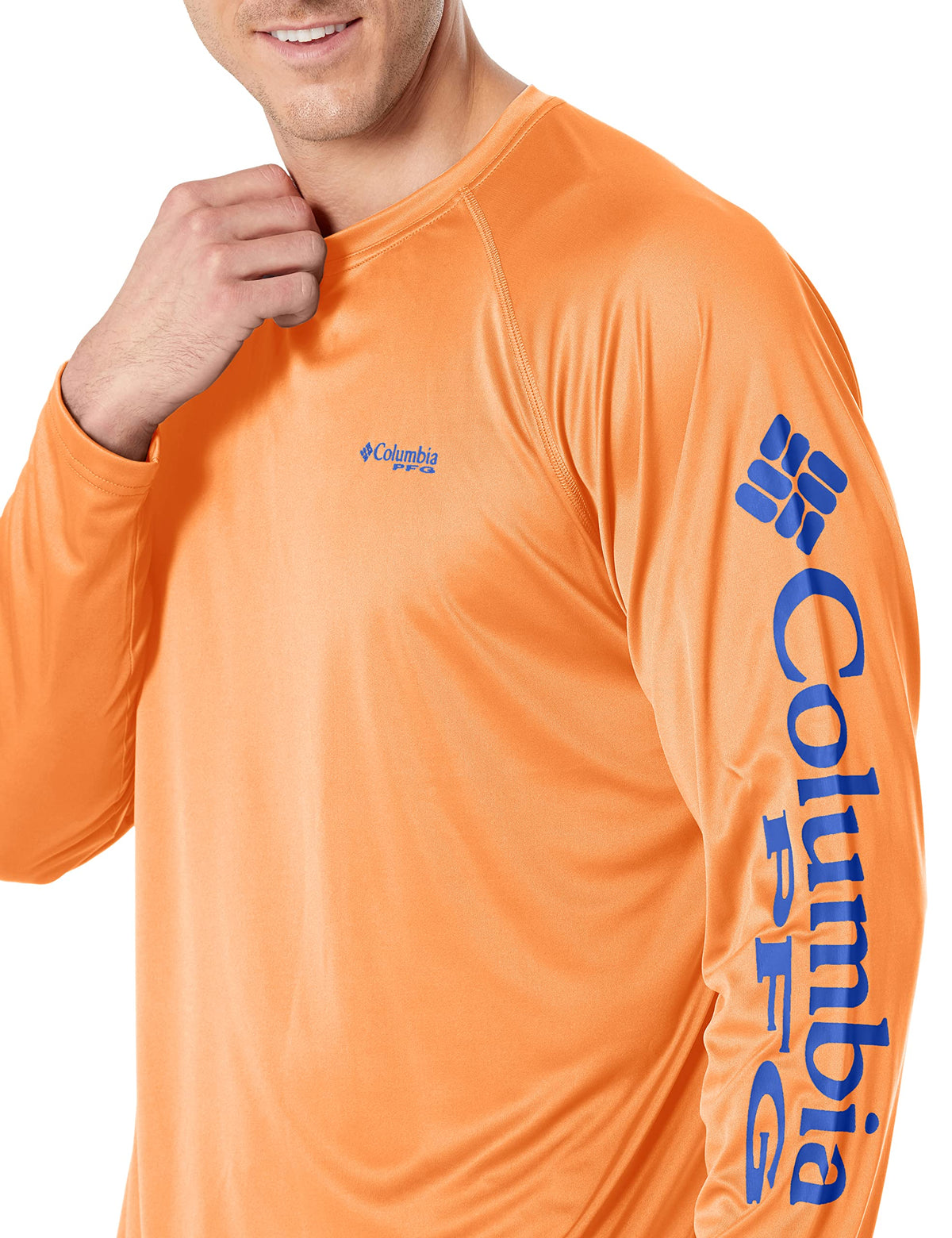 Columbia Men's PFG Terminal Tackle Long Sleeve Fishing Shirt, Bright Nectar/Vivid Blue Logo, Small