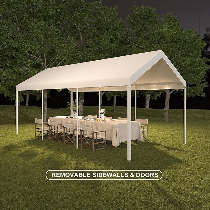 Carport, 10x20 ft White Heavy Duty Carport with Roll-up Windows, Portable Garage with Removable Sidewalls & Doors, Car Canopy and All-Season Tarp for Car Boat Truck Motorcycle