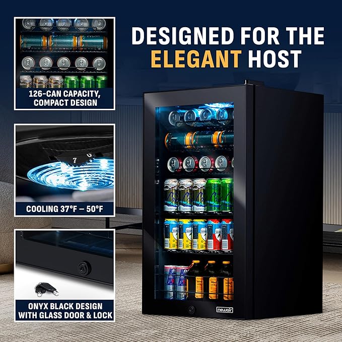 NewAir 126 Can Beverage Refrigerator | Freestanding Small Mini Fridge for Bedroom with Glass Door | Drink Cooler with Adjustable Shelves, Quiet Cooling & Locking Door | Black