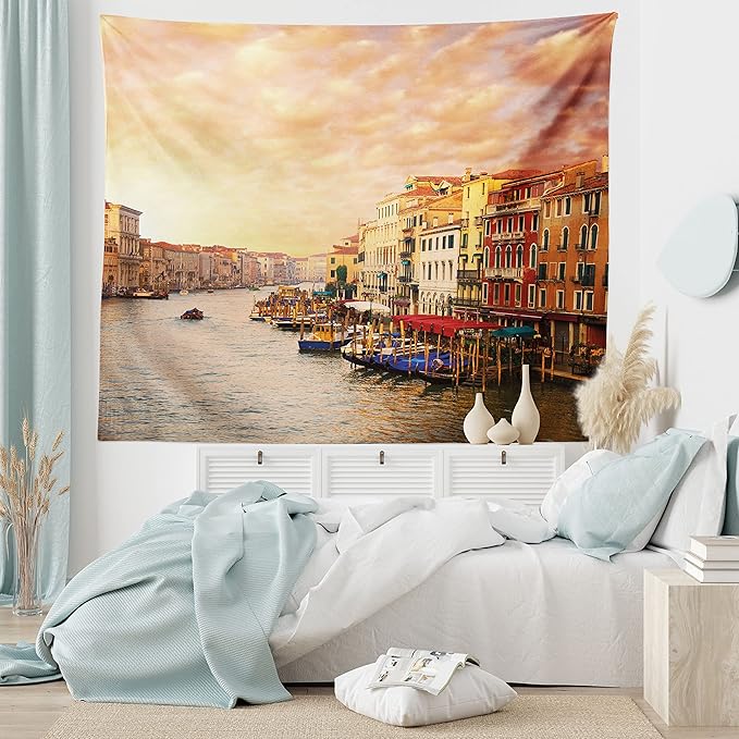 Ambesonne Scenery Tapestry, Venezia City Italian Landscape with Old Houses Gondollas and Spikes Image, Fabric Wall Hanging Decor for Bedroom Living Room Dorm, 28" X 23", Orange Yellow