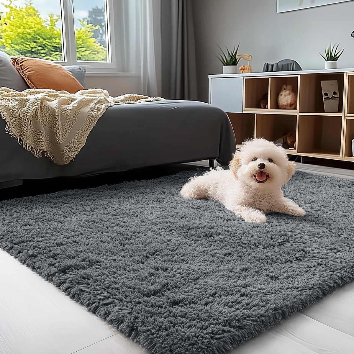 OLANLY Area Rugs for Living Room Bedroom, Machine Washable 4x5.9 ft Soft Fluffy Shaggy Bedside Rug, Indoor Floor Carpet for Kids Girls and Boys, Dorms, Nursery Rooms, Home Decor Aesthetic, Grey