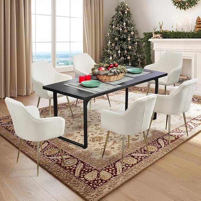 ECOTOUGE Modern Dining Chairs Set of 6, Upholstered Dining Room Chairs with Golden Metal Legs, Teddy Velvet Kitchen Chairs for Dining Table, Accent Chairs for Living Room, Cream White