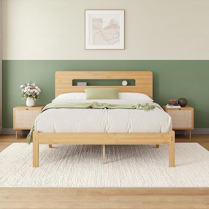ZIYOO Solid Bamboo Wood Queen Bed Frame with Storage Headboard, 14 inch Platform Bed Frame Queen No Box Spring Needed with Steel Slats, Sturdy and Stable, Easy Assembly, Noise Free