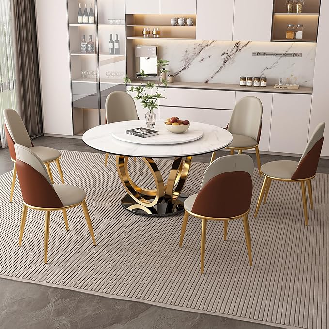 Dining Table Set with 4 Chairs, 53" Round Modern Marble Dining Table with Lazy Susan, Sintered Stone Top for Kitchen, Dining Room, Dinette