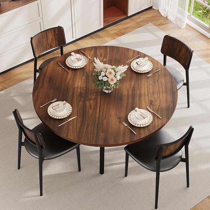 IDEALHOUSE Round Dining Table for 4-6, 47 Inch Kitchen Table with Sturdy Metal Frame, Space Saving Circle Dining Room Table for Small Space (Table Only), Walnut