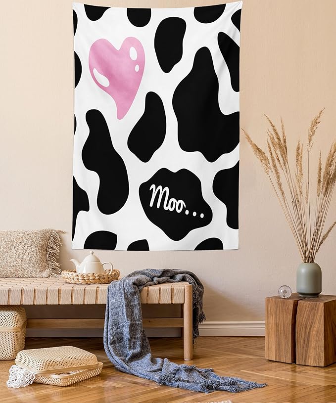 Ambesonne Cow Print Tapestry Queen Size, Camouflage Hide Skin Pattern in Pastel Color Shades Heart Shape Moo, Wall Hanging Bedspread Bed Cover Wall Decor, Queen Size, Pink Black White