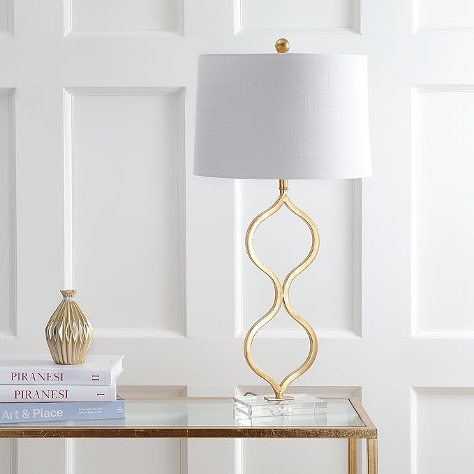 JONATHAN Y 31.5" Gold Curved Metal and Crystal Table Lamp, Modern Glam Bedside Lamp with White Linen Drum Shade for Living Room and Bedroom, LED Bulb Included JYL3028A