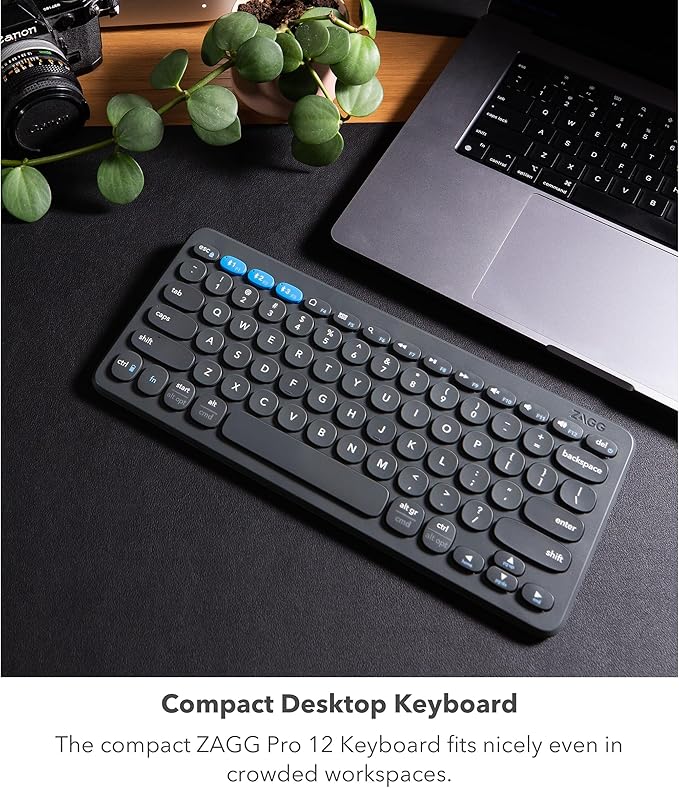 ZAGG Pro Keyboard 12 - Compact Wireless Charging Desktop Keyboard - Multi-Device Pairing - Compatible with Windows, macOS, iOS, Android, ChromeOS - Ergonomic Design for Efficient, Comfortable Typing
