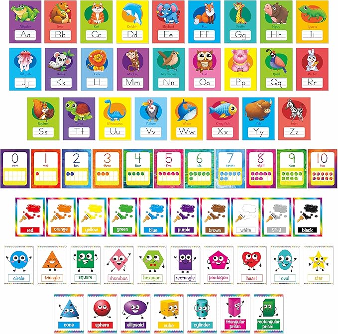 64 PCS Educational Cards, Laminated Water/Tear Proof Preschool Learning Posters Include Alphabet Numbers Colors & 2D/3D Shapes, Kindergarten Preschool Early Education Cards Home Classroom Decorations