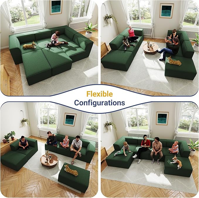 38“ Modular Sectional Sofa Convertible Cube Thick Couch Seat Set, Combine L-Shaped U-Shaped, Free Assembly, Space-Saving for Living Room, Fabric Chenille Green (Only Armless)