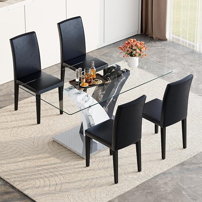 Glass Dining Table Set for 4, 63” Kitchen Table Set for 4, Modern Dining Room Table Set with Upholstered Chairs, Tempered Glass Tabletop with Y Shape Base