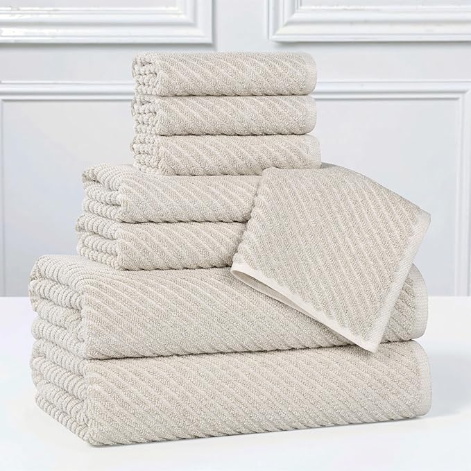 Superior Amelia Viscose Cotton Blend Medium Weight Towels, for Bathroom, Shower, Spa, Plush, Quick Dry, Ultra-Soft Towels, Bath Essentials, Ribbed Design, 8 Piece Assorted Towel Set, Beige