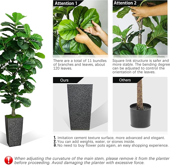 Artificial Fiddle Leaf Fig Tree 6ft, 6 Feet Large Tall Fake Plants Indoor with Modern Style Planter, Artificial Silk Tree for Home Office Living Room Decor Indoor, More Lifelike & Lush (Black)