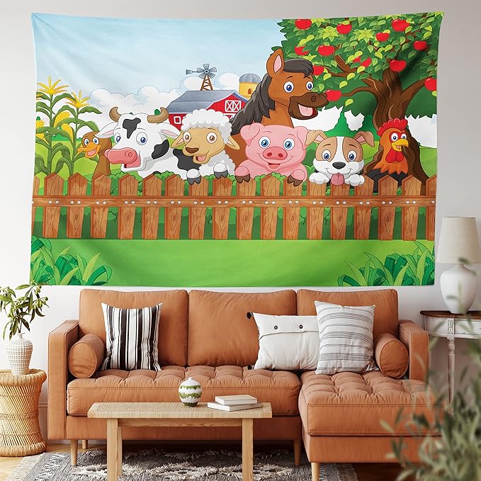 Ambesonne Cartoon Tapestry King Size, Composition Farm Animals on Fence Comic Mascots Dog Cow Horse Design, Wall Hanging Bedspread Bed Cover Wall Decor, 104" X 88", Green Multicolor