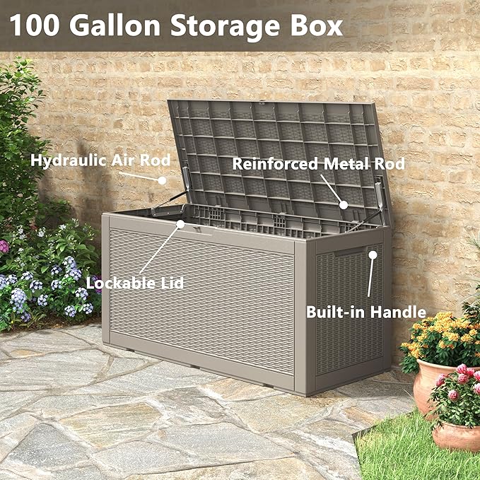 100 Gallon Deck Box Lockable Rattan Outdoor Storage Box waterproof Outdoor Container for Patio Furniture Cushions, Pillow