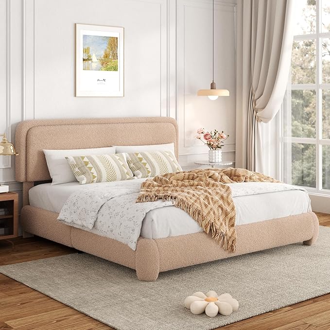 King Size Bed Frame with Headboard Adjustable, Boucle Upholstered Platform King Bed Frame, Anti-Collision Soft Rounded Corners, No Box Spring Needed, Noise-Free, Easy Assembly, Brown