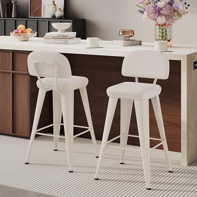 Aklaus PU Leather Metal Bar Stools 30 inch Faux Leather Bar Height Barstools Set of 2 Modern Farmhouse Bar Chairs with High Backs and Faux Leather Seat for Kitchen Island Dining Room Off White