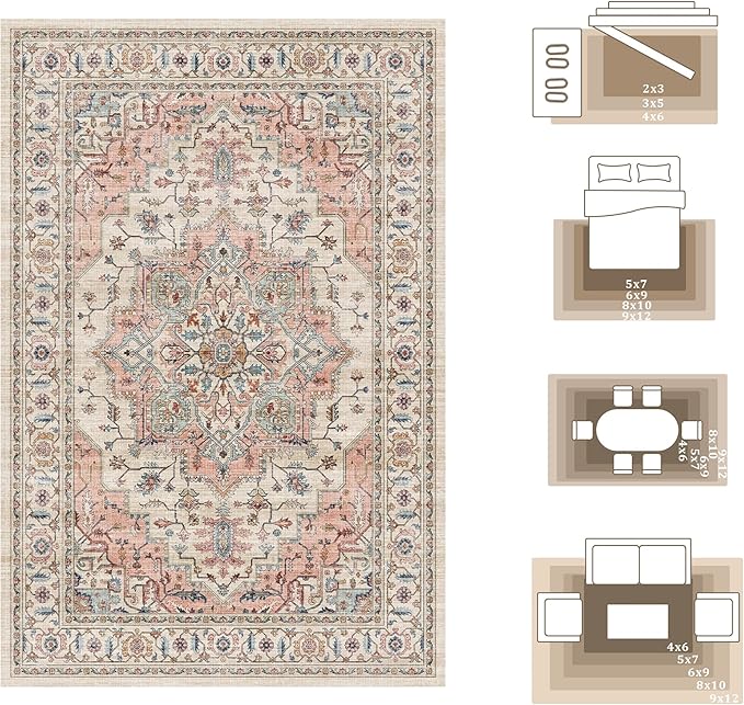 8x10 Area Rugs for Living Room Ultra-Soft Washable Rug Vintage Distressed Boho Area Rug, Non-Slip Low Pile Stain Resistant Carpet for Bedroom Dining Room Kitchen Office