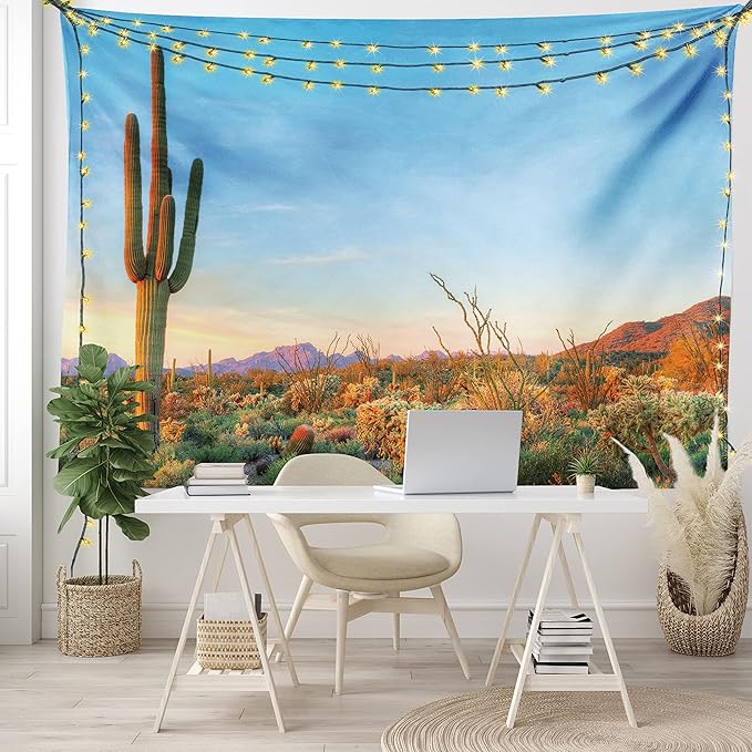 Ambesonne Saguaro Tapestry King Size, Sun Goes down in Desert Prickly Pear Cactus Southwest Texas National Park, Wall Hanging Bedspread Bed Cover Wall Decor, 104" X 88", Orange and Blue