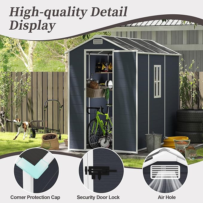 8x4 FT Outdoor Storage Resin Shed with Floor, Plastic Garden Tool Shed with Sloped Roof, Lockable Door & Windows, Easy to Assemble Bike Shed for Lawn, Backyard, Patio, Black