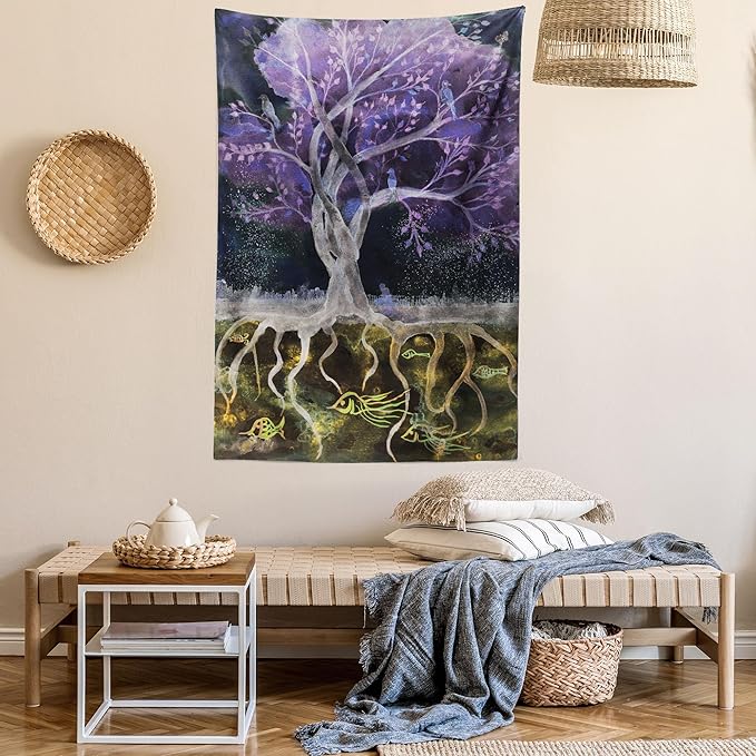 Ambesonne Tree of Life Tapestry, Psychedelic Mysterious Nature at Night Birds and Fishes Home Art, Fabric Wall Hanging Decor for Bedroom Living Room Dorm, 30" X 45", Purple Black
