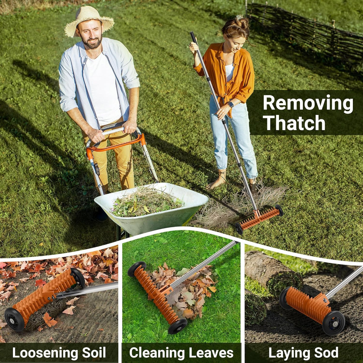 Thatch Rake for Lawn, 15-Inch Dethatcher Rake with Rolls Efficient Steel Metal Rake, Adjustable 0-15°, 38-68 Inch Handle, Heavy-Duty Thatching Rakes for Cleaning Dead Grass, Yard Garden Care