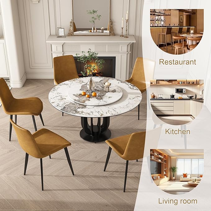 Dining Table Set with 4 Chairs, 53" Round Modern Marble Dining Table with Lazy Susan, Sintered Stone Top for Kitchen, Dining Room, Dinette