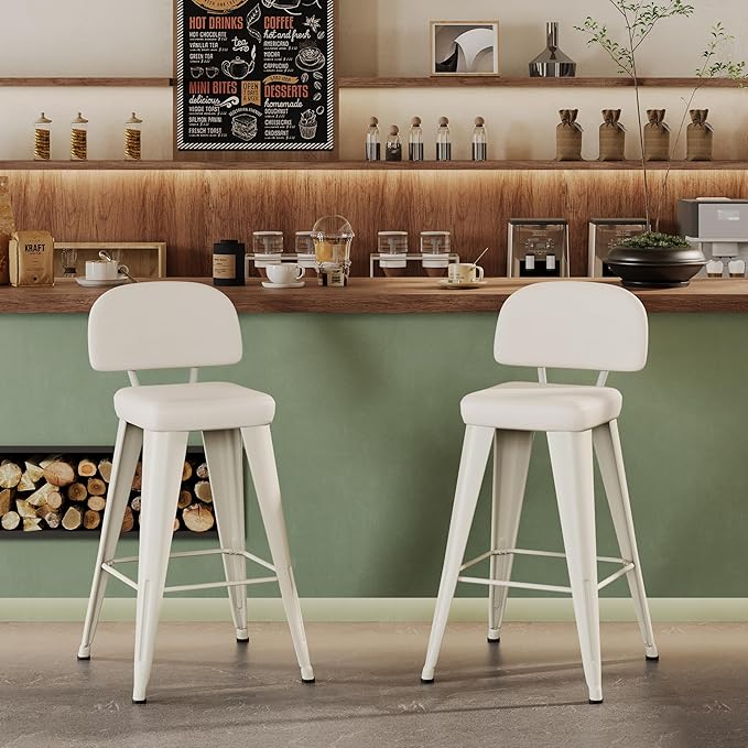 Aklaus PU Leather Metal Bar Stools 26 inch Faux Leather Counter Height Barstools Set of 2 Modern Farmhouse Bar Chairs with High Backs and Faux Leather Seat for Kitchen Island Dining Room Off White