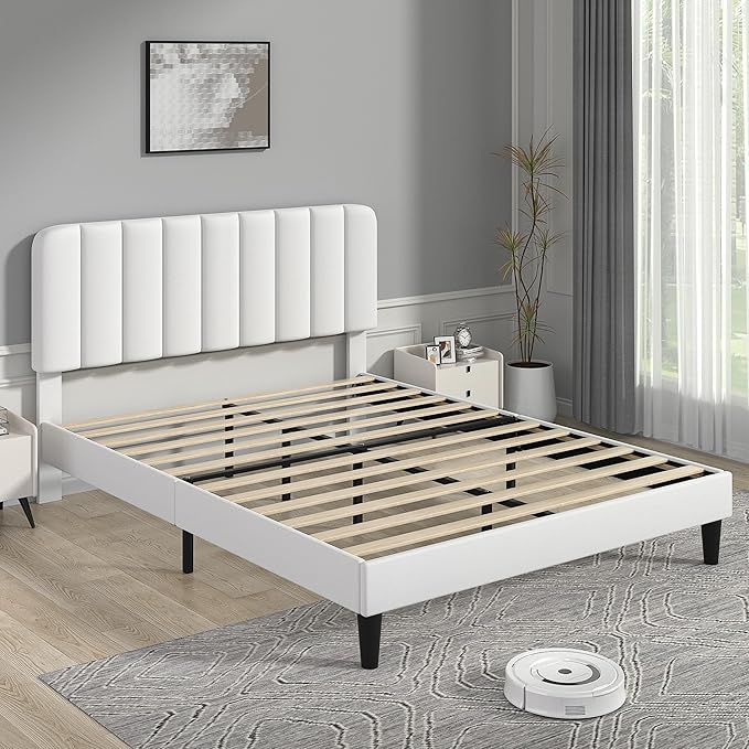 VECELO Queen Size Bed Frame with Upholstered Headboard, Velvet Platform Bedframe Mattress Foundation, Strong Wood Slat Support, No Box Spring Needed,White