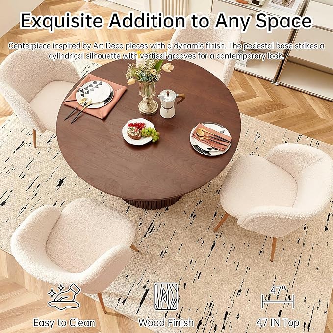 NORDICANA 5-Piece Wooden Round Dining Room Table and Chair Set, 47-Inch Kitchen Table with Barrel Chairs for 4, Off White Upholstered Sherpa Dining Set, MDF Core with Walnut Finish