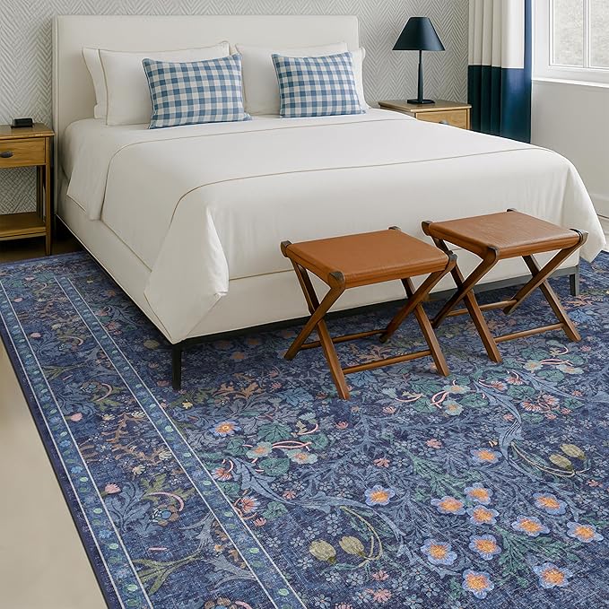 Washable Dining Room Rugs for Under Table - 7x9 Dark Blue Oriental Area Rug for Living Room, Low Pile Non-Slip Floor Carpet for Bedroom Under Bed - Vintage Design & Stain Resistance (7x9 Dark Blue)