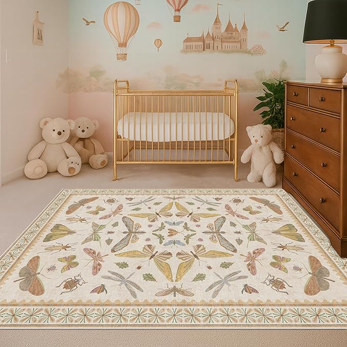 Floral 4x6 Rugs for Small Living Room - Beige and Yellow Pastel, Low Pile Non Slip Stain Resistant Throw Rug for Under Bed, Large Entryway, Kitchen, Floor Carpet Aesthetic Kids