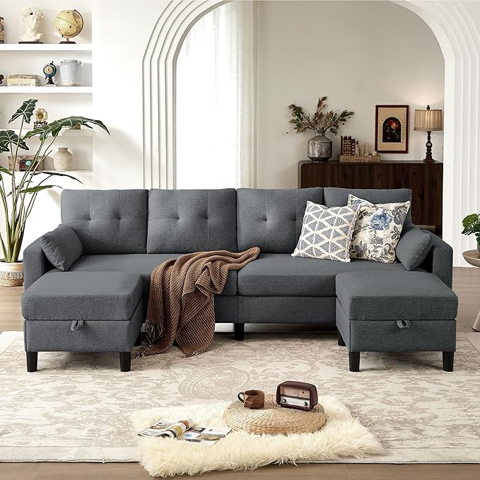 101" Convertible Sectional Sofa, Modern Linen Fabric U-Shaped Couch with 2 Storage Ottomans and Storage Pocket, 4 Seat Sofa Couches for Living Room, Apartment, Office, Darkgrey