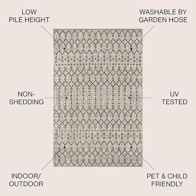 JONATHAN Y SMB108E-5R Ourika Moroccan Geometric Textured Weave Indoor/Outdoor Area Rug, Tribal, Easy Cleaning, Bedroom, Dining Room, Kitchen, Living Room, Non Shedding, Light Gray/Black, 5' Round