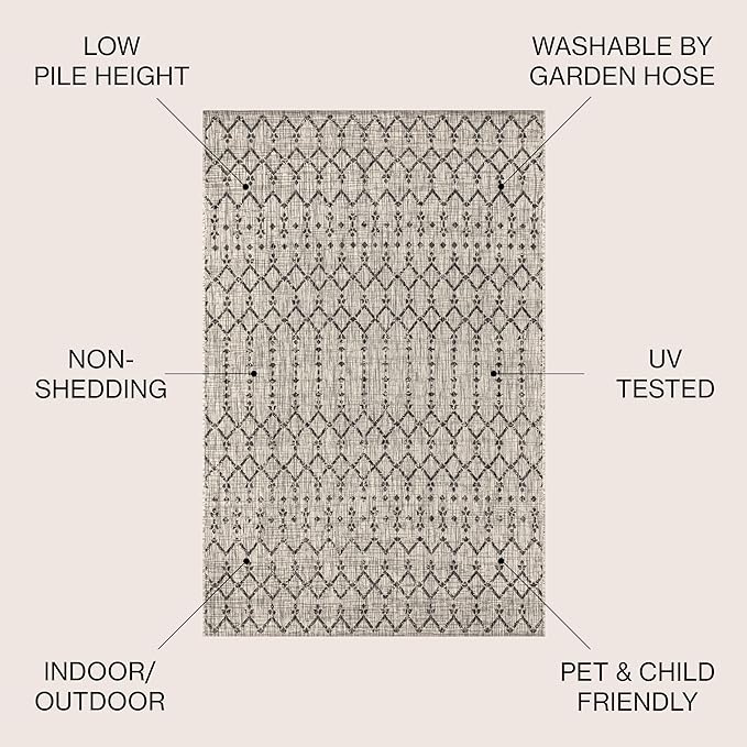JONATHAN Y SMB108E-3SQ Ourika Moroccan Geometric Textured Weave Indoor/Outdoor Area Rug, Bohemian, Scandinavian for Bedroom, Kitchen, Living Room, Easy-Cleaning, Light Gray/Black, 3' Square