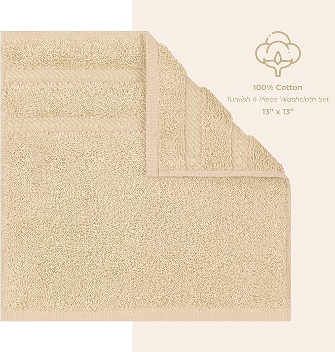 American Soft Linen Luxury Washcloths for Bathroom, 600 GSM 100% Cotton 4 Piece Turkish Wash Cloth Set, 13x13 in Soft Rags for Body and Face, Beige Washcloths
