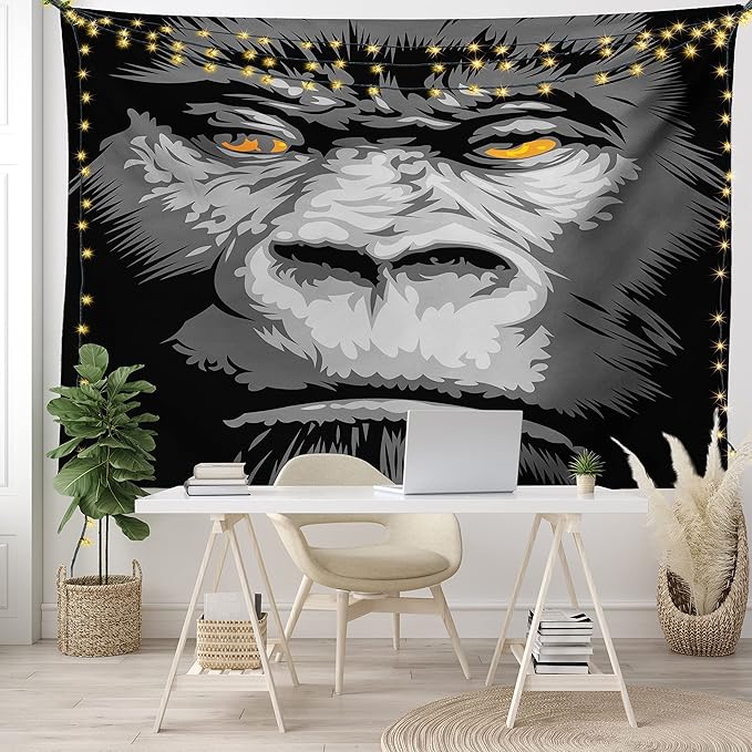 Ambesonne Modern Tapestry, Close up Gorilla Portrait with Orange Eyes Zoo Jungle Animal Wild Money Graphic, Fabric Wall Hanging Decor for Bedroom Living Room Dorm, 30" X 45", Grey Marigold