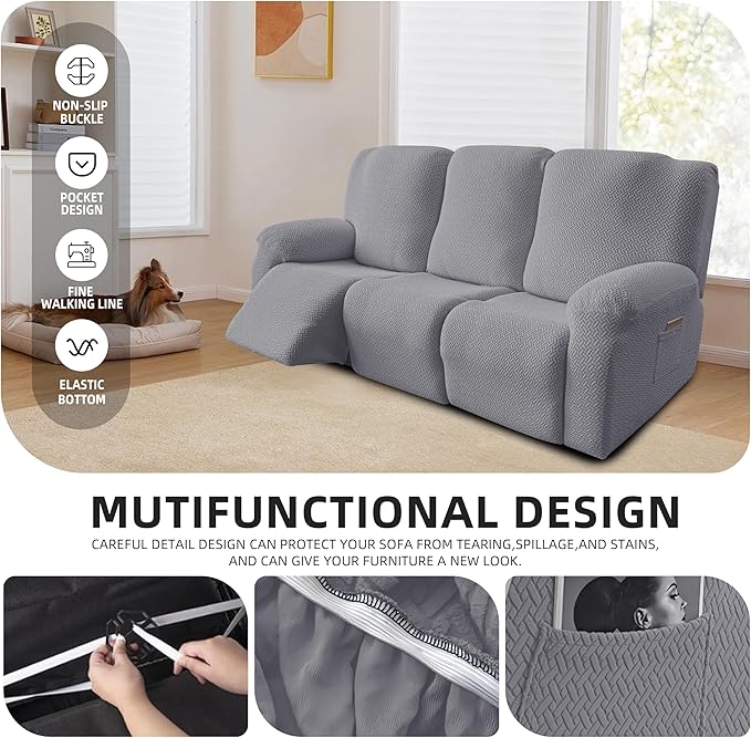 Genina Recliner Sofa Covers - Stretch Reclining Couch Covers with Stripe Jacquard - 3 Seat Cushion Slipcovers with Soft Fabric - Furniture Protector for Pet Kid (Light Gray)