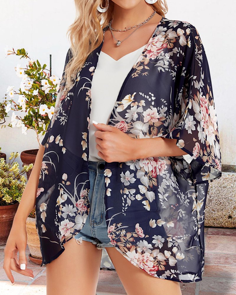 Kimono Cardigans for Women Floral Print 3/4 Sleeve Loose Cover Up Casual Blouse Tops (Navy Blue,3XL)