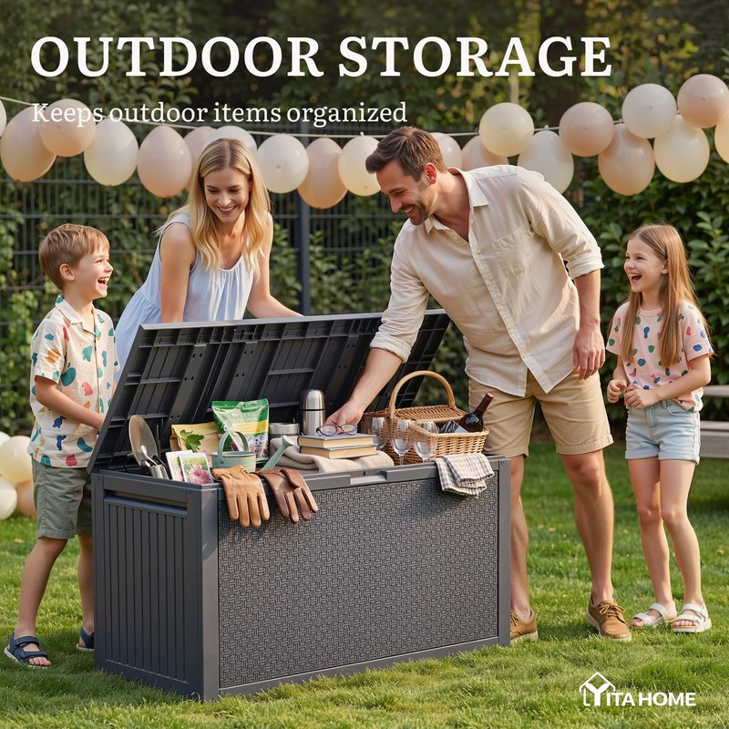 YITAHOME 95 Gallon Outdoor Storage Deck Box, Waterproof Resin Deck Box w/Handles, Lockable Outdside Deck Box for Patio Furniture, Garden Tools, Lockable & UV Resistant(Dark Gray)