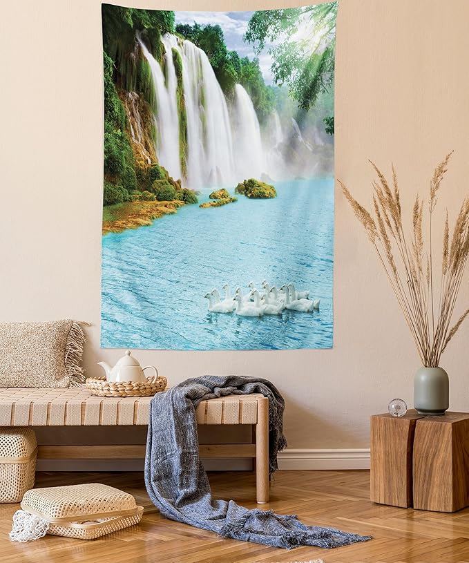 Ambesonne Waterfall Tapestry Queen Size, Image of a Grand Waterfall with Swans in the Lake Sunny Day Nature Print, Wall Hanging Bedspread Bed Cover Wall Decor, 88" X 88", White Green