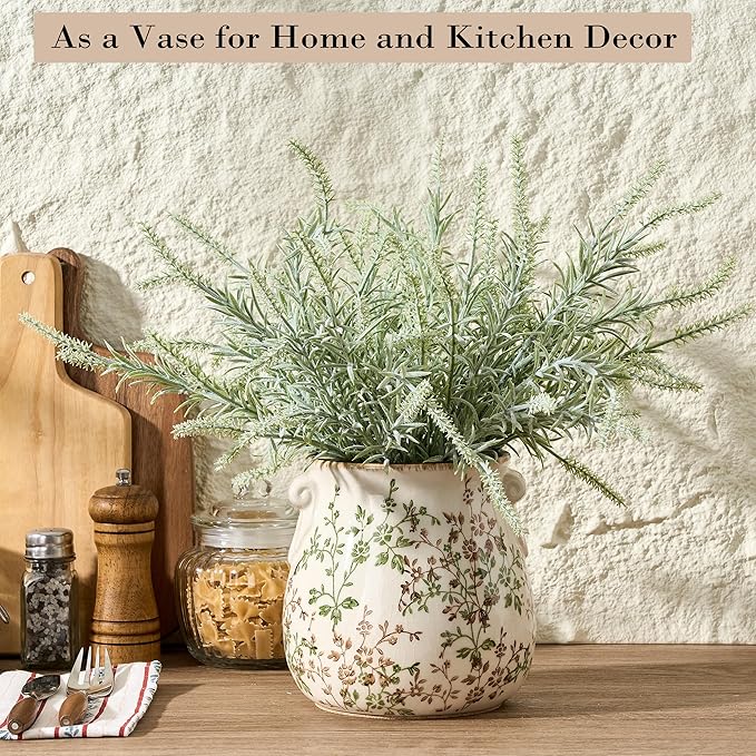 Jemirry Utensil Holder for Kitchen Counter, Modern Farmhouse Rustic Cooking Utensil Holder and Crock, Exquisite Chinoiserie Floral Ceramic Utensil Organizer for Home Kitchen Decor- Green and Beige