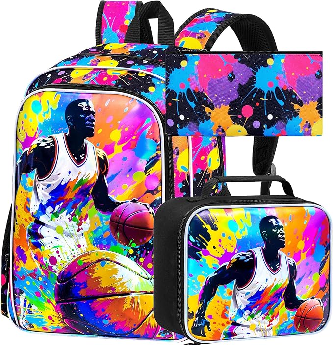 KLFVB 3PCS School Backpack for Boys, 17" Kids Basketball Bookbag and Lunch Box, Water Resistant Backpack for Teenagers Middle Elementary - Spray-painted Basketball