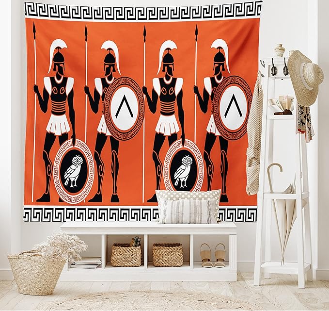 Ambesonne Retro Tapestry King Size, Historical in Greece Theme Cultures, Wall Hanging Bedspread Bed Cover Wall Decor, 104" X 88", Orange Black White
