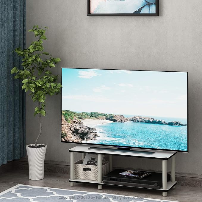 Furinno JUST TV Stand, 2-Tier No Tools Mid Entertainment Center with Open Shelf, TV Console for TV up to 46 Inch with Tubes, for Living Room, Bedroom, White